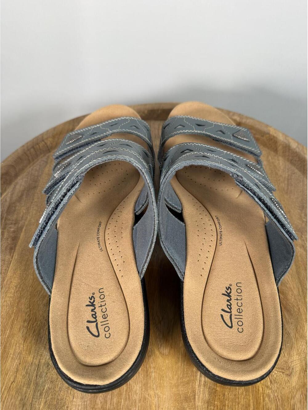 Clarks Laurieann Nora Blue Leather Slide Sandals US 12W Wide Comfort Slip-On NWB - Picture 5 of 14